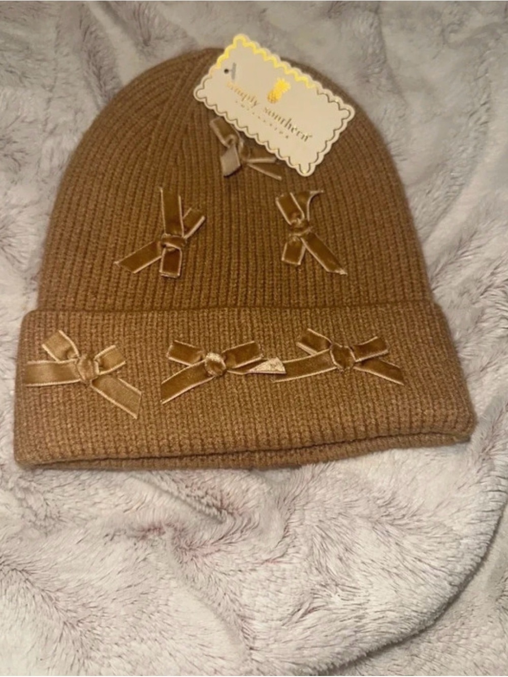 Simply Southern Tan Knit Beanie with Satin Bows